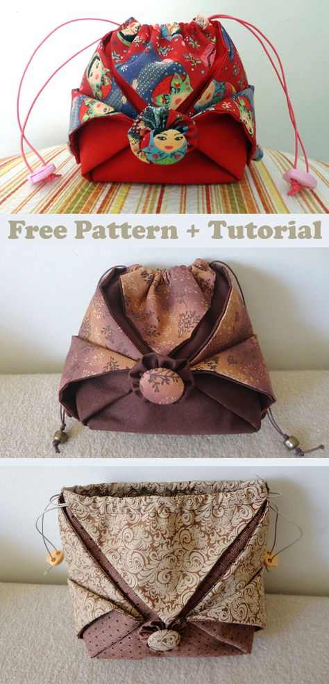 Fabric Project Bags Free Pattern, Japanese Drawstring Bag Pattern, Omiyage Bag Tutorial, Origami Fabric Bags, Origami Pouch Tutorial, Origami Sewing Pattern, Japanese Origami Bag, Japanese Drawstring Bag, Japanese Bag Design