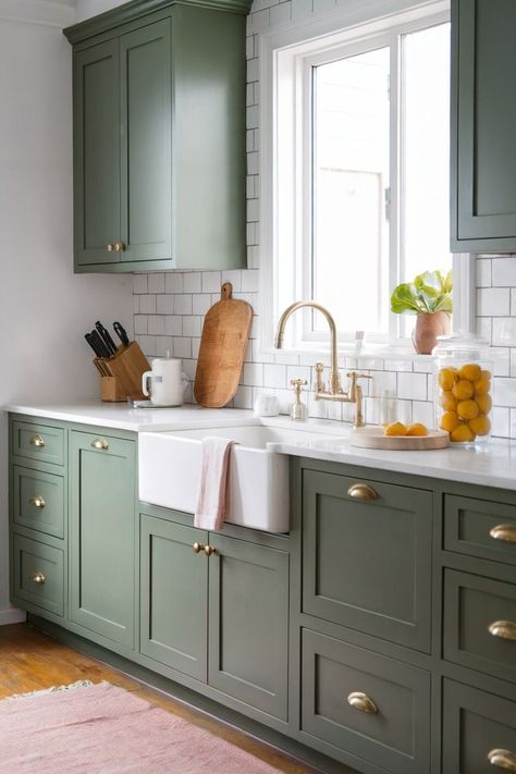 Green kitchen cabinets paired with white tiles and brass hardware bring a refreshing feel to the space. Best Kitchen Cabinet Colors, Yellow Kitchen Cabinets, Kitchen Cabinets Colors, Green Kitchen Cabinet, Beige Kitchen Cabinets, Cabinet Color Ideas, Taupe Kitchen, Kitchen Cabinet Color, Top Kitchen Cabinets