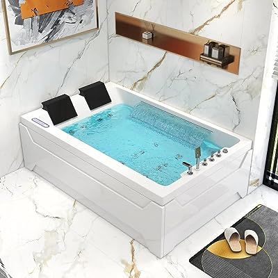 Weibath 73" LED Acrylic Whirlpool Water Massage Double Waterfall 3 Sided Apron Bathtub Modern Soaking Tub Whirlpool Bathtub Master Bath, 2 Person Jacuzzi Tub, Giant Bathtub, Soaking Tubs Master Bath, Tubs For Two, Unique Bathtubs, Bath Tub Aesthetic, Unique Home Features, Dream Bathroom Luxury