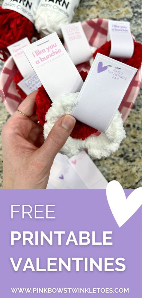 Tell your friends how much you love them with these adorable printable scrunchie valentines! Download the free printable today and learn to make your own scrunchies with a free scrunchie crochet pattern. Valentines Day Scrunchies, Scrunchie Crochet Pattern, Scrunchie Crochet, Valentines Hair, Free Printable Valentines, Happy Love Day, Valentine Hair, Printable Valentines, Twinkle Toes