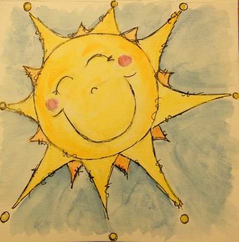 Sunshine Drawing Simple, Sunshine Painting Ideas, Sun Painting Ideas, Sunshine Sketch, Sun Art Painting, Sunshine Drawing, Drawing Sun, Watercolor Crayons, Sunshine On A Cloudy Day