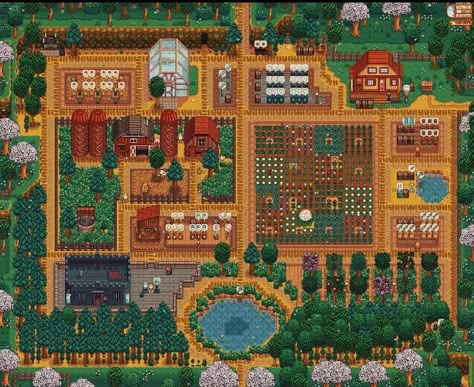 Stardew Farm Inspiration, Stardew Valley Silo Layout, Stardew Normal Farm Layout, Stardew Valley Hill Top Farm Layout, Stardew Organization, Stardew Valley Standard Farm Layout Ideas, Stardew Valley Standard Farm Layout No Mods, Stardew Layout Farm, Stardew Valley Normal Farm Layout