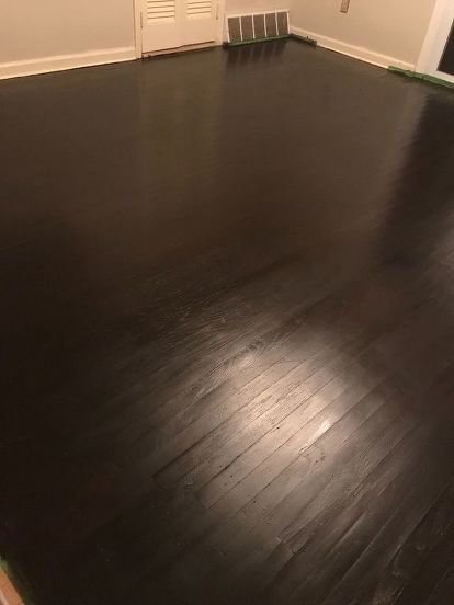 Black Painted Hardwood Floors, How To Stain Laminate Floors, Brown Painted Floors Wood, Dark Painted Wood Floors, Painted Wood Floors Living Room, Staining Laminate Floors, How To Stain Wood Floors, Paint Hardwood Floors Diy, Gel Stain Floor Without Sanding