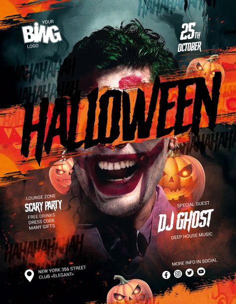 Check out the Halloween Invitation PSD Template for your next club and party event. FreePSDFlyer.com is the best resource full of amazing Free PSD Flyer Templates for Photoshop! Create amazing flyer, poster or social media designs with our free templates. Halloween Flyer Template Free, Happy New Year Design Ideas, Halloween Poster Ideas, Halloween Event Poster, Halloween Poster Design, Halloween Graphic Design, Free Psd Poster, Holiday Posters, Halloween Party Events