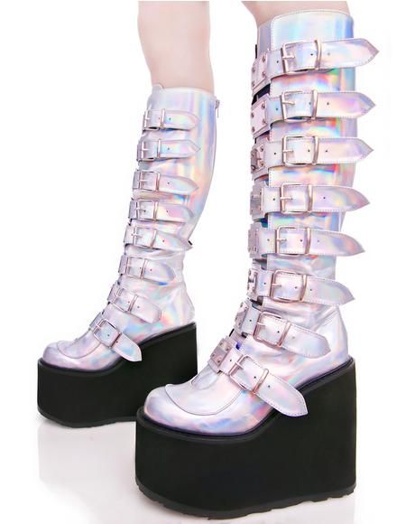 X Dolls Kill Hologram Trinity Boots Trinity Boots, Demonia Boots, Goth Shoes, Demonia Shoes, Pastel Goth Fashion, Kawaii Shoes, Aesthetic Shoes, Current Mood, Pretty Shoes