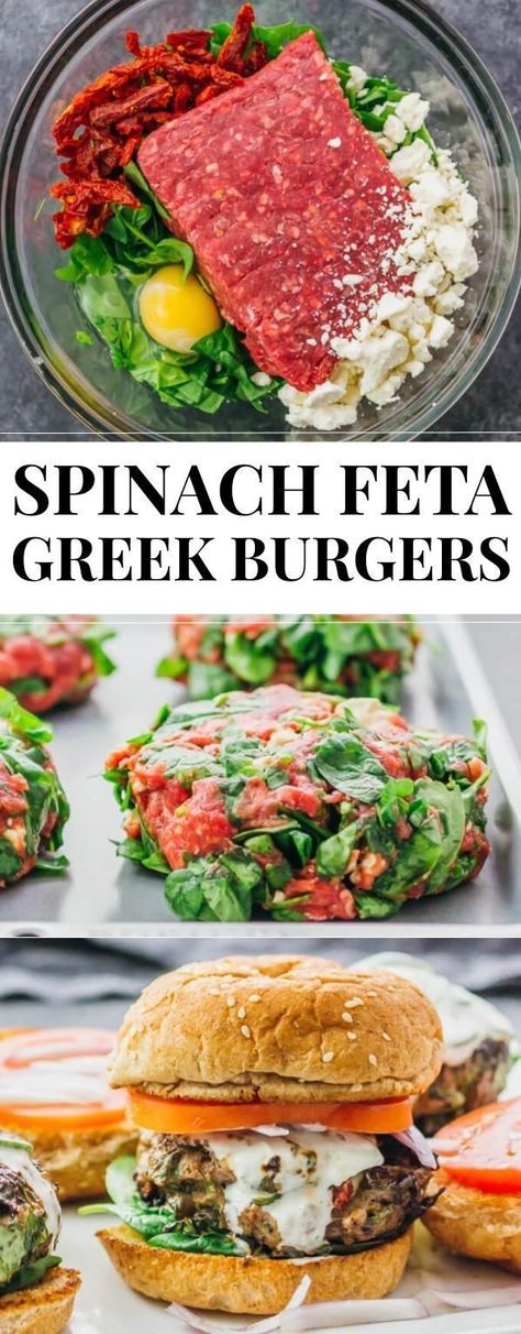 Greek Burgers, Greek Burger, Ground Beef Recipes Healthy, Easy Mediterranean Diet Recipes, Spinach Feta, Tzatziki Sauce, Ground Beef Recipes For Dinner, Sun Dried Tomatoes, Spinach And Feta