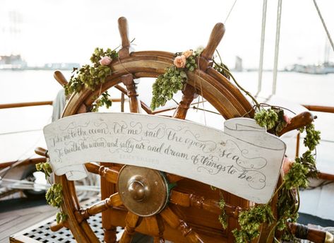 ship wheel with garland Pirate Wedding Theme, Little Mermaid Wedding, Pirate Wedding, Romantic Theme Wedding, Romantic Wedding Receptions, Yacht Wedding, Romantic Wedding Inspiration, Ship Wedding, Tall Ship