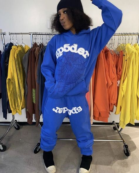 Sp5der Sweatsuit, Sp5der Outfit, Sp5der Tracksuit, Sp5der Hoodie Outfit, Track Suit Outfit, Demon Time, Sweatsuit Outfit, Bessie Coleman, Blue Tracksuit