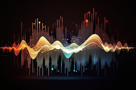 Abstract sound waves. Music equalizer effect. Colorful frequencies on dark background. Created with Generative AI royalty free stock photo Sound Waves Aesthetic, Lightning Sound, Sound Background, Music Equalizer, Sound Waves Design, Pin Wall, Wave Function, Audio Waves, Sound Energy