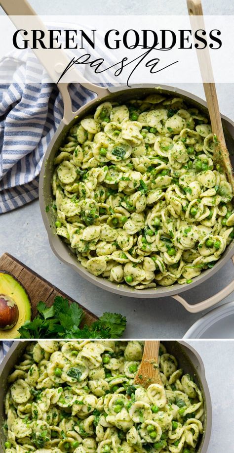 This green goddess pasta features tender orecchiette pasta covered in a creamy coconut herb sauce with lots of spinach and peas. - vegan-friendly and absolutely addictive! Green Goddess Recipe, Green Pasta Recipe, Spinach Pasta Sauce, Green Pasta Sauce, Green Goddess Pasta, Easy Beef Recipes, Wfpb Vegan, Homestead Cooking, Blt Pasta