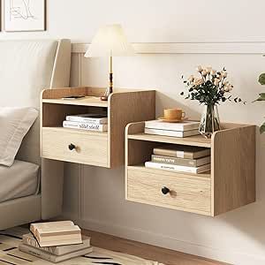 Natural Floating Nightstand Set of 2 with Charging Station and Drawer Small Bedside End Table with Outlet Modern Floating Night Stand for Bedroom Wood Wall Mounted Nightstands Set 2 Natural Low Bed Frame Ideas Bedroom Designs, Floating Nightstand Diy, Bedroom Wood Wall, Floating Night Stand, Table With Outlet, Wall Bedside Table, Floating Bedside Shelf, Stand For Bedroom, Low Bed Frame