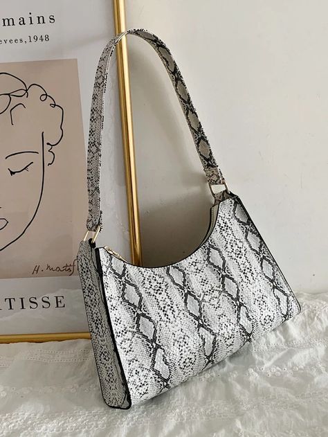 Croc Embossed Baguette Bag | SHEIN Snake Print Bag, Baguette Bags, Beautiful Snakes, Fancy Bags, Baguette Bag, Pretty Bags, Snakeskin Print, Print Style, Grey Pattern