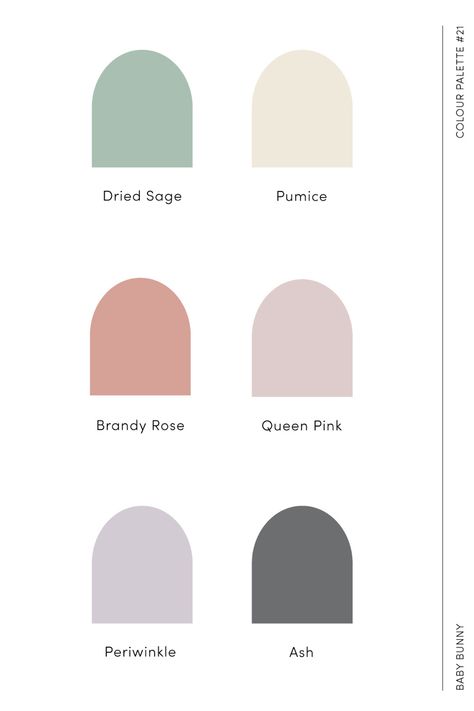 Baby Bunny Nursery Decor. Colour Palette #21. Soft pastel palette of brandy rose, queen pink, periwinkle, dried sage, ash and pumice. Nursery Color Palette Girl, Soft Pastel Colour Palette, Baby Room Color Palette, Brandy Rose, Nursery Color Palette, Lilac Nursery, Nursery Pastel, Nursery Color Scheme