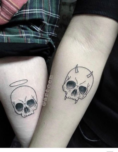 Skull Couple Tattoo, Dr Tattoo, Small Sister Tattoos, Care Bear Tattoos, Cute Matching Tattoos, Matching Sister Tattoos, Goth Tattoo, Couples Tattoo Designs, Skeleton Tattoos