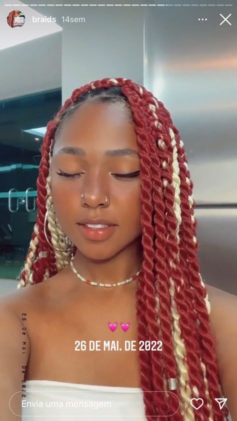 Red Braids With Blonde Highlights, Red And White Box Braids, Red And Blonde Braids Mixed, Twist Braids Vermelho, Box Dreads, Different Braids, Short Box Braids Hairstyles, Braided Hairstyles For Black Women Cornrows, Short Box Braids