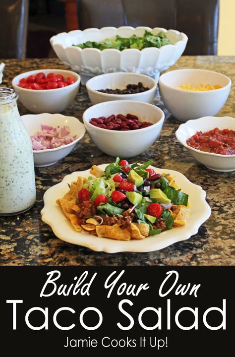 Build Your Own Taco, Taco Salad Bar, Taco Salad Recipe Healthy, Bunco Food, Easy Taco Salad Recipe, Salad Buffet, Healthy Tacos Salad, Salads For A Crowd, Taco Salads