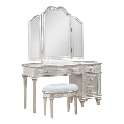 PRICES MAY VARY. Includes: One (1) vanity table, one (1) vanity mirror and one (1) vanity stool Color: Silver Oak Materials: Poplar wood, oak veneer, plywood, MDF, chenille, foam, acrylic Drawer glides: Metal extension glide Hardware type: Metal knob Elevate your beauty routine with the vanity set, a trio of elegance featuring a desk with ample storage and built-in charging ports, a tri-fold mirror for perfect angles, and a chic stool with a plush seat. Each piece showcases a soft silver finish Makeup Vanity Set, Murphy Cabinet Bed, Acrylic Drawers, Trifold Mirror, Vanity Table Set, Silver Oak, Natural Mattress, Mattress Box Springs, Dressing Area