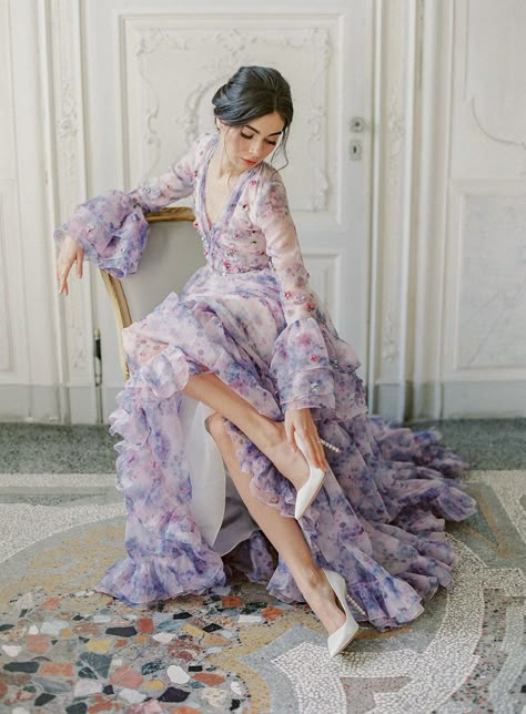 Floral wedding dress idea - pattern & purple wedding dress - unique wedding dress idea - Check out more garden wedding ideas on WeddingWire! {Laura Gordon Photography} Floral Wedding Dresses, Polka Dot Heels, Photographie Portrait Inspiration, Floral Wedding Dress, Tulle Bows, Vintage Romance, Wedding Forward, Unique Dresses, Bridal Shoes