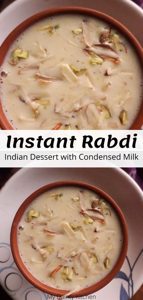 Instant Rabdi Recipe, Milk Sweets Indian, Desserts Using Condensed Milk, Milkmaid Recipes Desserts, Instant Sweet Recipes Indian, Kheer Recipe With Condensed Milk, Milkmaid Recipes, Instant Dessert Recipes, Recipes With Condensed Milk