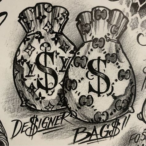 Money Talks Tattoo, Gangsta Tattoos Gangsters Drawings, Money Hungry Tattoo, Money Bag Tattoo Design, Moneybag Tattoos, Time Is Money Tattoo, Money Bag Tattoo, Gangster Drawings, Half Sleeve Tattoos Drawings