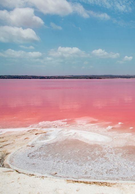 Discover Spain's stunning pink lake located just outside Torrevieja on the southeast coast #bucketlist #spain #travelinspo Pink Lake Torrevieja, Pink Lake Spain, Torrevieja Spain, Alicante Airport, Pink River, Spain Aesthetic, Pink Travel, Pink Sand Beach, Instagram Locations