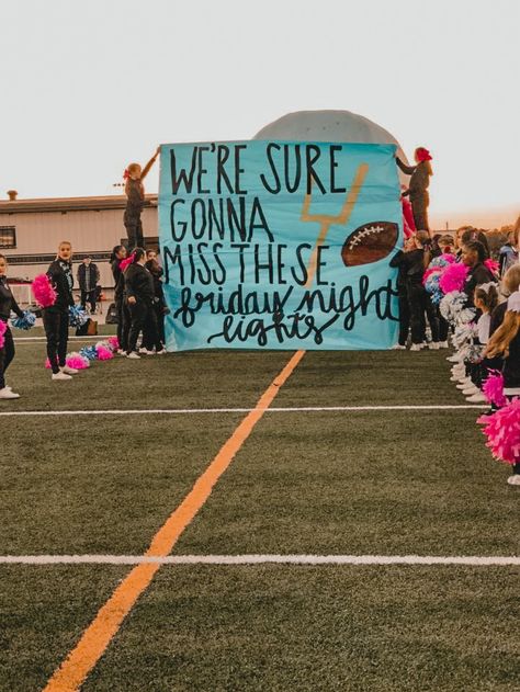 Senior Night Breakthrough, Senior Night Signs Football, Football Runout Signs, Senior Night Banners Football, Cheer Ideas High School, Senior Night Run Through Signs, Senior Banner Ideas Cheer, Cheer Box Ideas High School, Football Posters Ideas