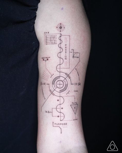 Geometric tattoo design inspired by the son named Terminal Velocity by John Petrucci Science Inspired Tattoos, Hvac Tattoos, Scientific Tattoo Ideas, Quantum Physics Tattoo, Equilibrium Tattoo, Astrophysics Tattoo, Entropy Tattoo, Quantum Tattoo, Engineering Tattoo