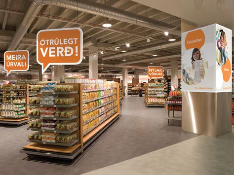 Wayfinding Grocery Design Interior, Supermarket Design Interior, Supermarket Display, Gondola Shelving, Store Signage, Retail Signage, Shop Signage, Supermarket Design, Supermarket Shelves