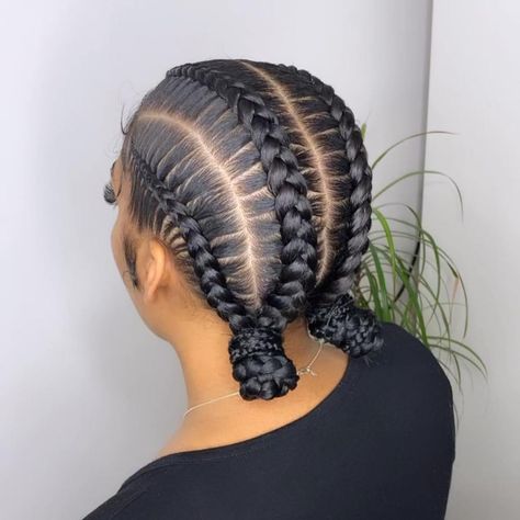 Four Feed-In Braids and Two Buns Four Braids Into Two, Cornrows With Two Buns In The Back, Four Braids Into Two Buns, Four Braids Cornrow With Two Buns, 4 Straight Back Feed In Braids Bun, Feed In Braids In A Bun, 4 Braids Into 2 Buns, 2 Braids Into 2 Buns, Four Feed In Braids Cornrows