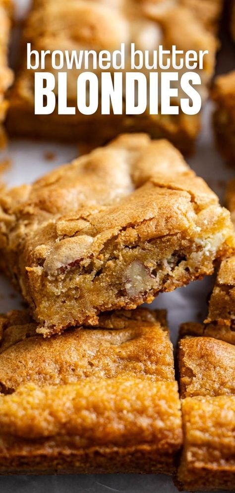 A close up view of squares of browned butter blondies. Recipes Using Browned Butter, Blonde Brownie Recipes, Blonde Brownies Cake Mix Blondie Recipe, Blonde Recipe Brownies, Blondes Recipe Blondie Brownies, Caramel Blondies Recipe, Blonde Brownies Recipe Easy, Brown Butter Blondies Recipes, Brown Butter Dessert Recipes