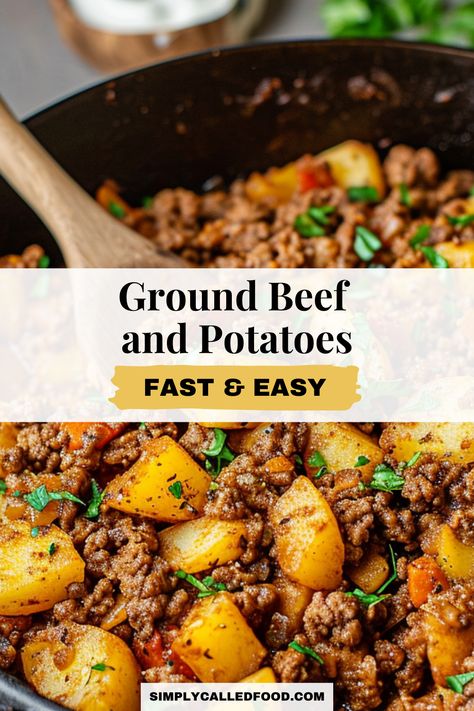 Try the Ground Beef and Potatoes recipe, a fast and easy dinner idea for busy nights. Suitable for any cookware, including skillets and casseroles, it's a healthy addition to your dinner recipes. Discover this and more quick, simple entrées at SimplyCalledFood.com with the Ground Beef and Potatoes recipe and other minced beef recipes. 30 Minute Dinners Ground Beef, Easy Dinner Recipes With Ground Beef Cheap, Ground Turkey With Potatoes Recipes, Dinner Recipes Burger Ground Beef, Easy Meal With Potatoes, Couscous Ground Beef, Potato Ground Turkey Recipes, Ground Turkey Baked Potato, Ground Turkey And Potatoes Skillet