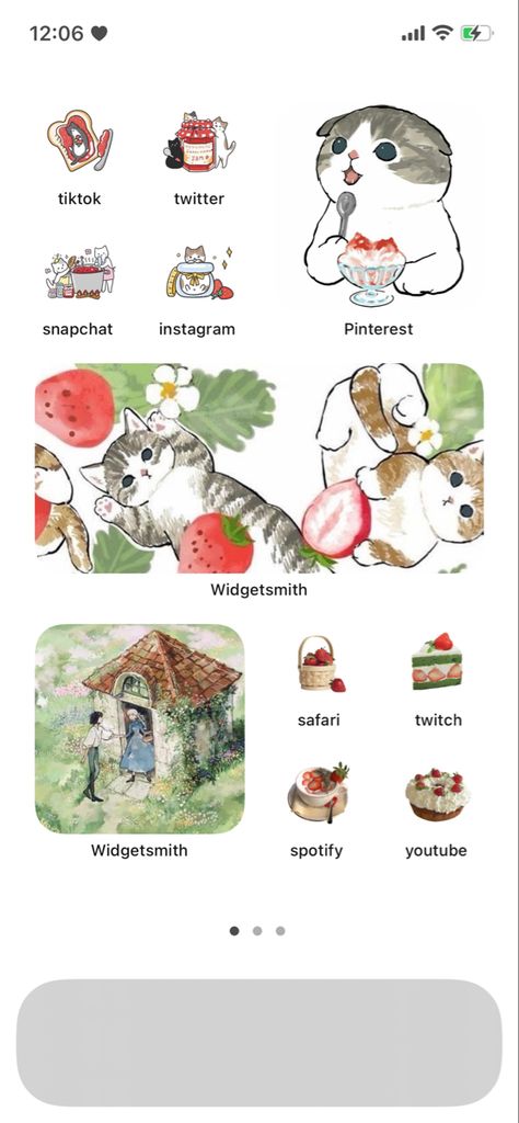 Strawberry Cats Wallpaper, Cat Home Screen Ideas, Strawberry Themed Homescreen, Iphone 7 Aesthetic Homescreen, Chinese Phone Layout, Strawberry Iphone Layout, Cat Iphone Layout, Ios Theme Anime, Strawberry Homescreen Layout