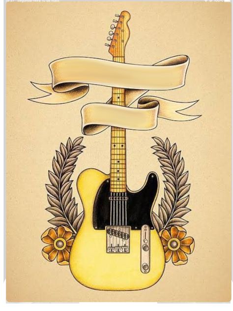 Old School Guitar Tattoo, Telecaster Tattoo, Electric Guitar Tattoo, Mic Tattoo, Old School Tattoo Style, Guitar Tattoo Design, Tattoo Catalog, Guitar Drawing, Neotraditional Tattoo