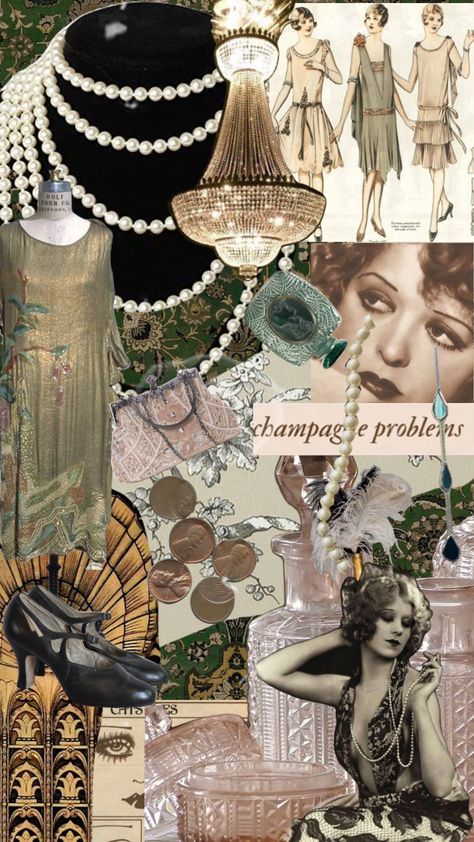 1920s Green Aesthetic, The 1920s Aesthetic, Vintage Aesthetic Moodboard, 1920s Fashion Moodboard, 1920 Fashion Aesthetic, 1920s Theatre Aesthetic, 1920s Glamour Aesthetic, Art Deco Collage Ideas, Vintage 1920s Aesthetic