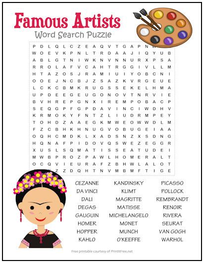 Famous Artists Word Search Puzzle | Print it Free Art History Elementary Lessons, Art Class Games, Art Word Search, Famous Art Coloring, Art History Activities, Art Worksheets Printables, Kids Sketchbook, Visual Art Lessons, Art Sub Plans