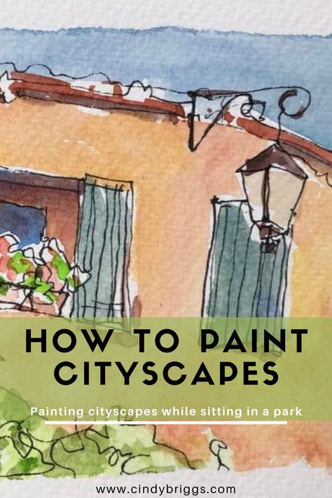 Watercolor Cityscape Tutorial, Cindy Briggs Watercolor, How To Paint Buildings, Watercolor Cityscape Easy, Street Painting Ideas, Watercolor Buildings Easy, Watercolor Street Scenes, Watercolour Houses, Watercolour Practice