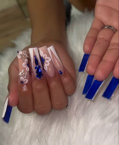 Prom Nail Inspo Royal Blue, Royal Blue Gem Nails, Royal Blue Diamond Nails, Royal Blue Acrylic Nails For Quince, Royal Blue Nails For Wedding, 16th Birthday Nails Sweet 16, Blue Bottom Nails, Royal Blue Bling Nails, Graduation Nails Acrylic Blue