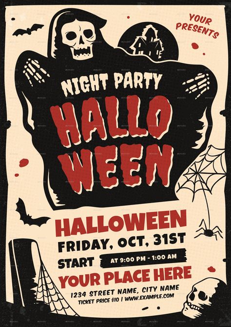 Halloween Movie Night Flyer, Halloween Poster Prints, Vintage Halloween Graphic Design, Halloween Costume Contest Flyer, Halloween Flyer Ideas, Halloween Ra Events, Vintage Halloween Party Ideas, Halloween Party Template, Halloween Posters Ideas