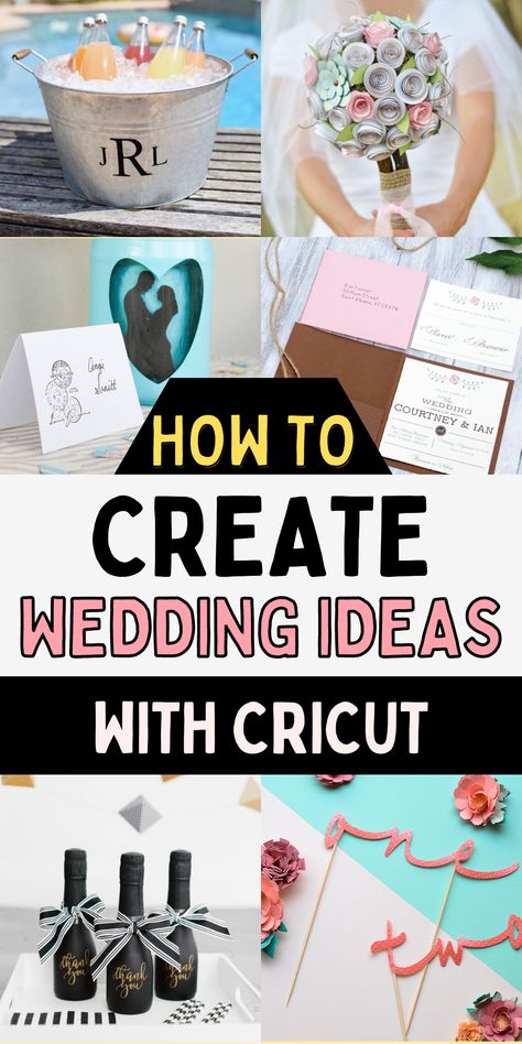 How to make wedding decor with your Cricut. Easy tips for making wedding decor DIY. How to use your Cricut for wedding decor. Wedding Signs Made With Cricut, Cricut Maker 3 Wedding Projects, Crichton Wedding Ideas, Diy Cricut Wedding Decorations, Wedding Gifts Made With Cricut, Cricut Joy Wedding Projects, Cricut Wedding Diy, Circuit Wedding Projects, Cricket Wedding Projects