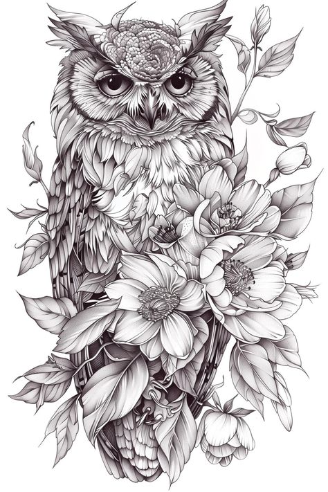 Premium Photo | An owl with flowers background Owl Back Tattoos For Women, Owl Design Drawing, Owl Thigh Tattoos, Owl Tattoo Ideas, Owl With Flowers, Wonderland Crafts, Tattoo Owl, Burned Hats, Owl Tattoo Drawings