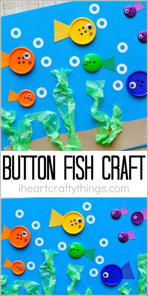 Simple button fish craft for kids // summer kids craft ideas Fish Crafts Kids, Fish Crafts For Kids, Paper Plate Fish, Fish Craft, Maluchy Montessori, Kids Crafting, Fish Crafts, Summer Crafts For Kids, Ocean Crafts