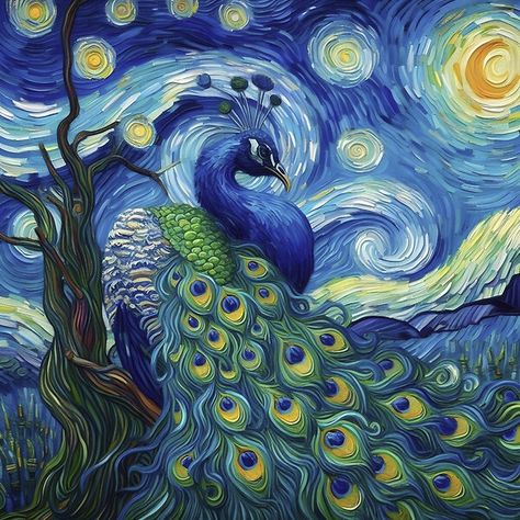 Colorful Vincent Van Gogh inspired oil painting of his classic swirling Starry Night reimagined with a beautiful peacock. Original design by DeAnn Nicole. Starry Night Van Gogh Original, Van Gogh Inspired Paintings, Starry Night Inspired Art, Van Gogh Starry Night Painting, Starry Night Original, Van Gogh Inspired, Colorful Peacock, Starry Night Painting, 3 Bears