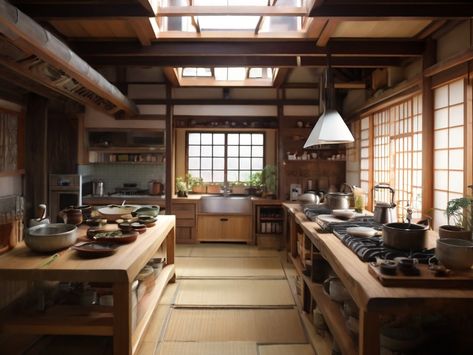 Huge Japanese kitchen 2 Japanese Outdoor Kitchen, Traditional Japanese House Kitchen, Japanese Interior Design Traditional, Traditional Japanese House Interiors, Japanese Inspired Kitchen, Traditional Japanese Kitchen, Japanese House Interior, Cat Animation, Japanese Style Kitchen