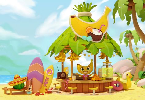 ArtStation - Do you like bananas?, DENIS WIPART 🍌 Tropical Games, Mall Decor, Casual Art, Game Background, Game Concept Art, Scene Design, Game Concept, Summer Theme, Tropical Art