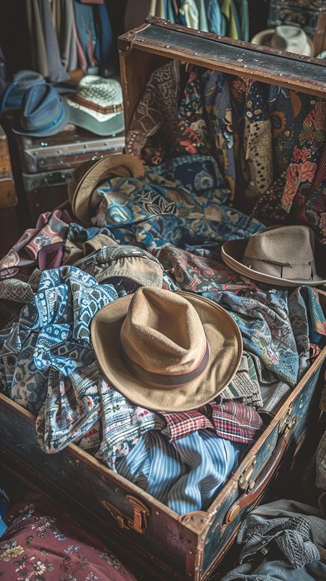 Vintage Travel Gear: An open vintage suitcase overflowing with colorful clothes and a classic hat, ready for an adventure. #vintage #travel #suitcase #hat #clothing #aiart #aiphoto #stockcake ⬇️ Download and 📝 Prompt 👉 https://stockcake.com/i/vintage-travel-gear_1027616_1144214 Old Luggage Aesthetic, Suitcase Display, White Fedora Hat, Old Luggage, Leather Trunk, Colorful Clothes, Travel Trunk, Cartoon House, Old Suitcases