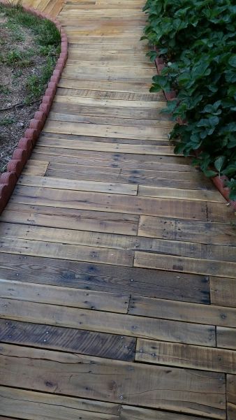 Diy Pallet Walkway, Wood Pallet Walkway, Walkway Diy, Pallet Walkway, Driveway Landscape, Rainforest Garden, Land Scaping, Wood Walkway, Diy Garden Patio