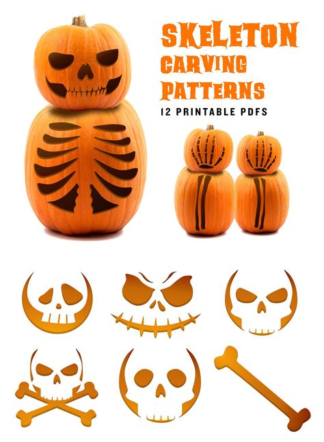 Get into the Halloween spirit with these spooky skeleton pumpkin carving stencils. With 12 easy patterns to choose from, you can create a whole graveyard of jack-o-lanterns. These carving stencils are easy to use, so even the littlest ghouls and goblins can help out. Plus, they're printable, so you can use them again and again. Get ready to rattle some bones! You will get a PDF file that includes: * 1 page of instructions * 1 page of tips to make your pumpkin top-notch * 12 pages of pumpkin patterns Please note that this is a PDF pattern only. The product provided will be a digital download. You will NOT receive any pumpkins, papers, or other physical product. Please let me know if you have any questions and I will get back to you as soon as possible. PDF's can be instantly downloaded foll Skeleton Carving Pumpkin, Skeleton Jack O Lantern, Pumpkin Skeleton Carving, Skeleton Pumpkin Carving Stencil, Pumpkin Carving Ideas Skeleton, Pumpkin Carving Skeleton, Pumpkin Skull Carving, Skeleton Pumpkin Carving, Skull Pumpkin Carving