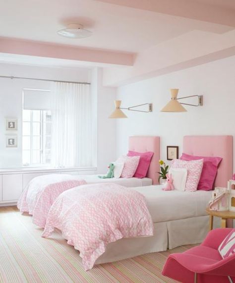 Room feels pink though its only on the ceiling and fabrics Pink Ceiling, Kids Rooms Shared, Two Twin Beds, Big Girl Bedrooms, Girl Bedrooms, Shared Bedroom, Twin Beds, Room Remodel