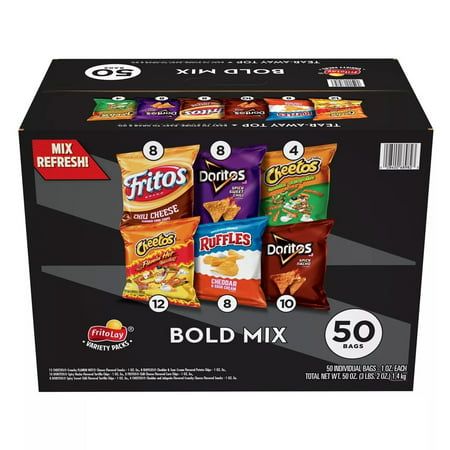 Frito Lay Bold Mix Variety Pack Chips (50 Count) The Frito-Lay Bold Mix Variety Pack provides the perfect portion size and variety to keep your entire family happy. No matter what the occasionfrom the pantry to your next party with friends to the lunch box, all you have to do is grab a pack and go. In this pack, you'll find a delicious variety of chips and snacks for everyone to enjoy. This mix includes five varieties to choose from: 16 bags of Cheetos Crunchy Flamin' Hot Cheese Flavored Snacks, Spicy Sweet Chili Doritos, Bag Of Cheetos, Chili Cheese Fritos, Cheetos Crunchy, Portion Size, Hot Cheese, Frito Lay, Cheese Cultures, Chili Cheese