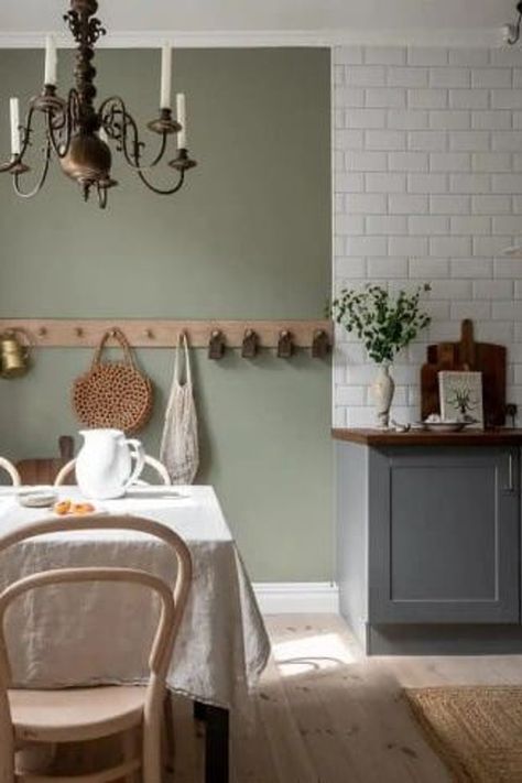 Grey Kitchen With Green Walls, Green Walls Grey Cabinets, Grey Kitchen Cabinets Green Walls, Green Walls With Grey Floors, Grey Green Kitchen Walls, Sage Green Breakfast Nook, Grey Kitchen Green Walls, Sage Grey Kitchen, Grey Kitchen Wall Colour Ideas